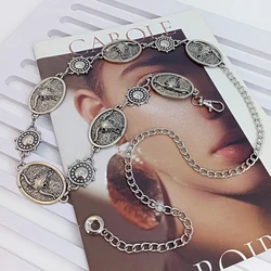 Vintage Silver Chain Belt with Sun and Bull Coins - High-Quality Punk Corset Waistband (Sun Bull Chain Belt)