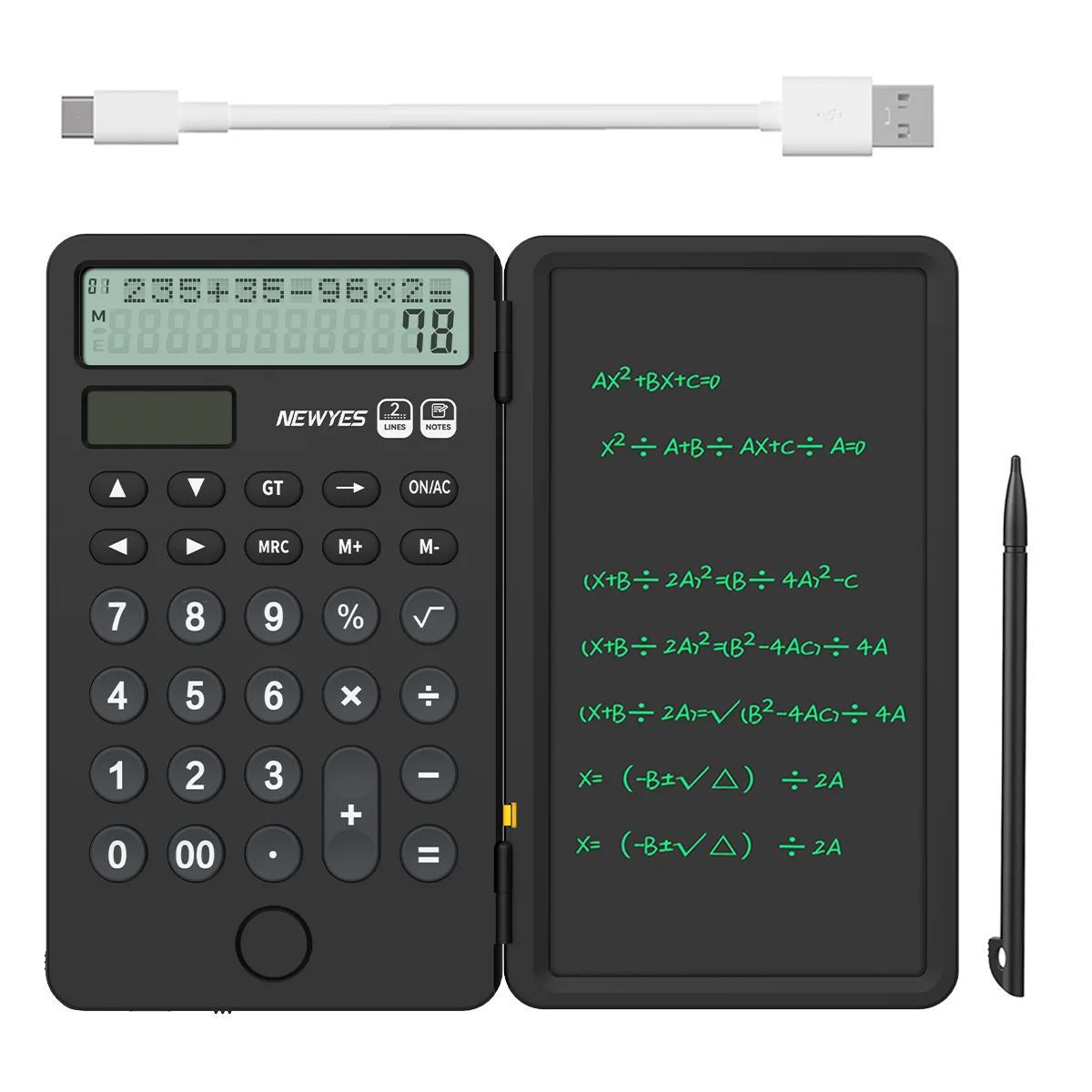 6.5" Portable Calculator with Notepad 2-Line 12-Digits Large Display Rechargeable Solar Power Desk Calculator for Office School