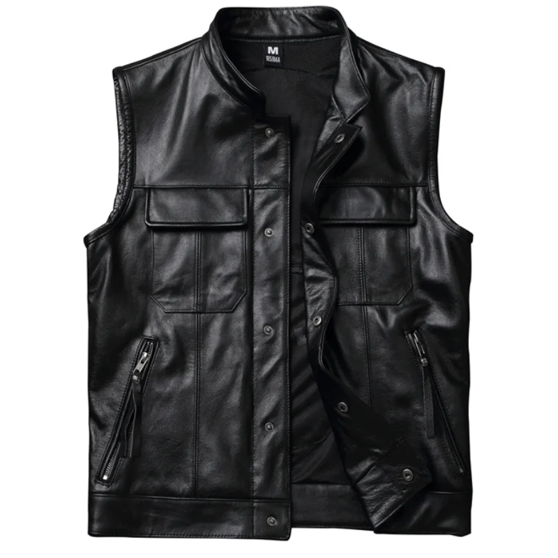 

Cowhide Motorcycle Vests Real Cow Leather Jacket Sleeveless Black Moto Biker Vests Slim Fit Club Riding Spring