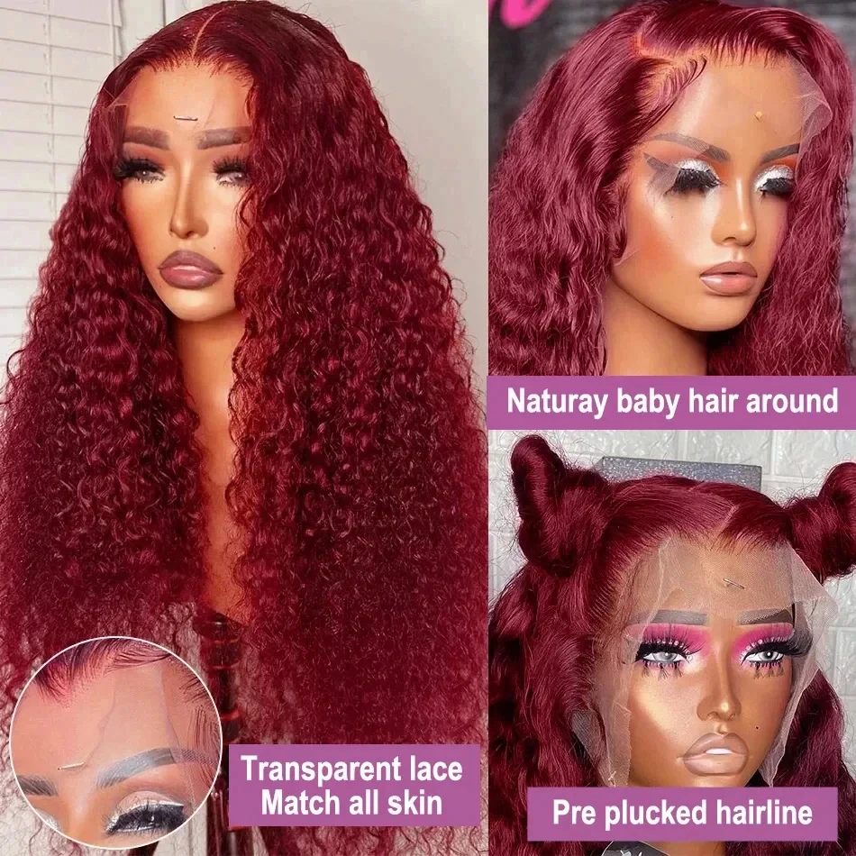 99J Burgandy Curly Lace Frontal Human Hair Wigs 13x6 HD Lace Front Wig Transparent 13x4 Deep Wave Human Hair Wigs