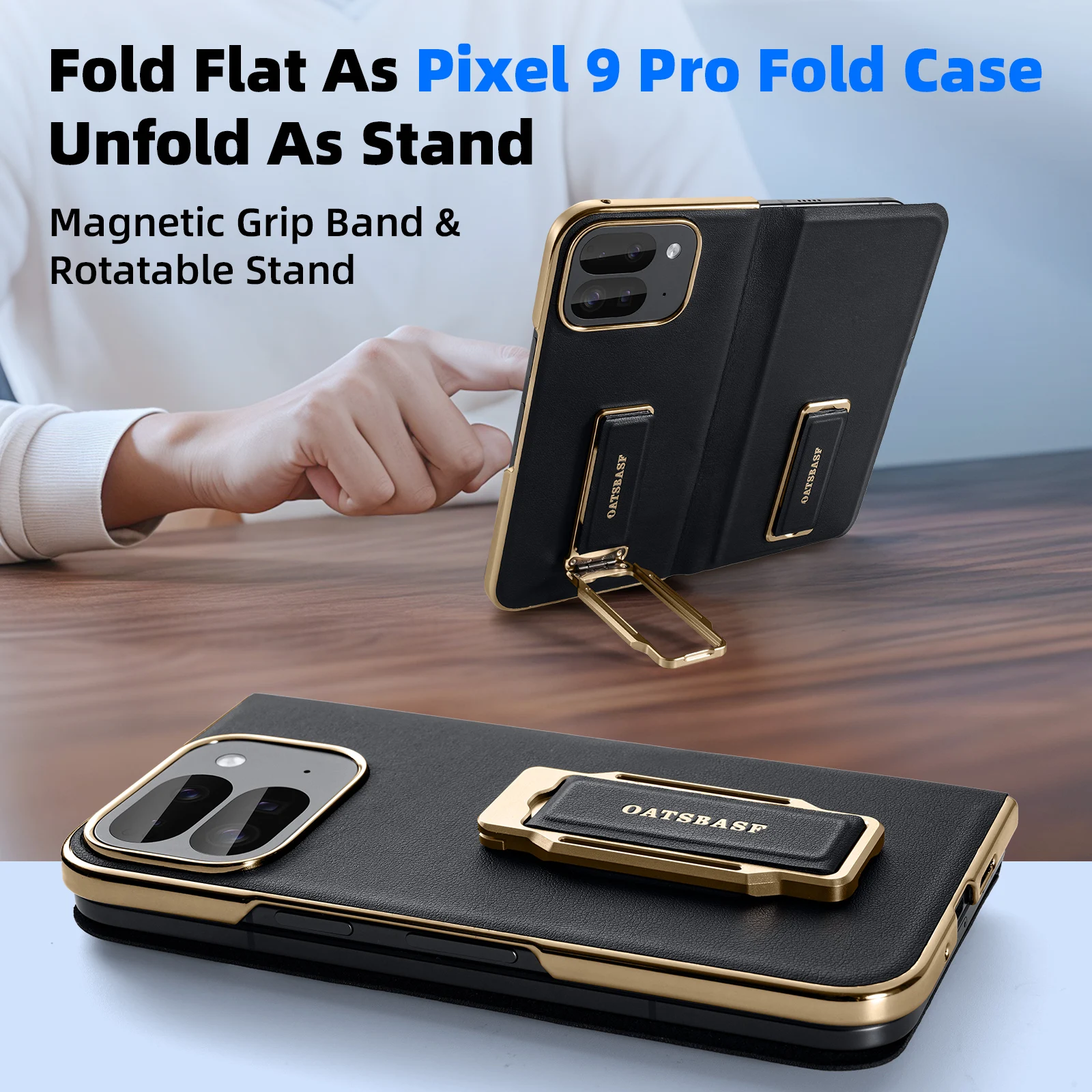 Eary For Google Pixel 9 Pro Fold Phone Case With Dual Wristband Leather 360° Rotate Stand Shockproof Protector Full Cover Bumper