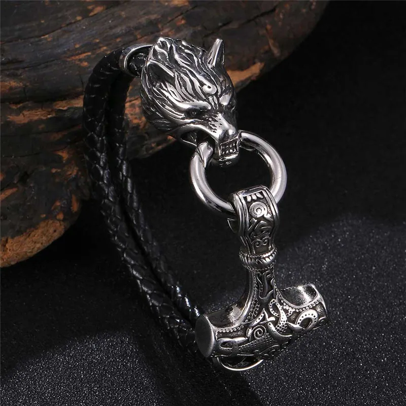 MKENDN Vikings Thor's Hammer Mjolnir Wolf Head 316L stainless steel Men's Leather Bracelet Punk Rock Amulet Jewelry Pulseras