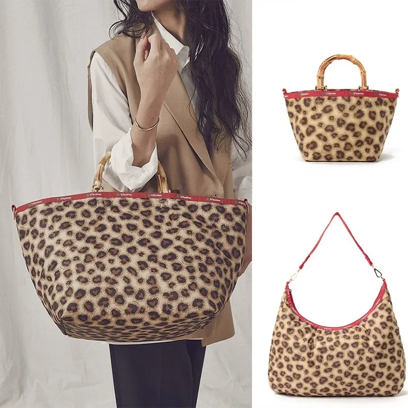 

New Lesportsac Anime Co Branded Leopard Pattern Bamboo Pole Handheld Casual Women's Crossbody Tote Bag Birthday Gift