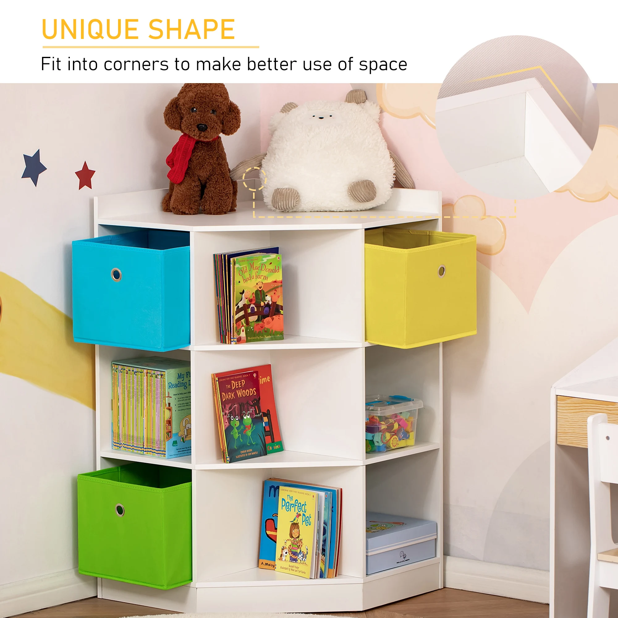 Space-Efficient Kids Storage Organizer for Small Bedrooms, Corner Shelf, White