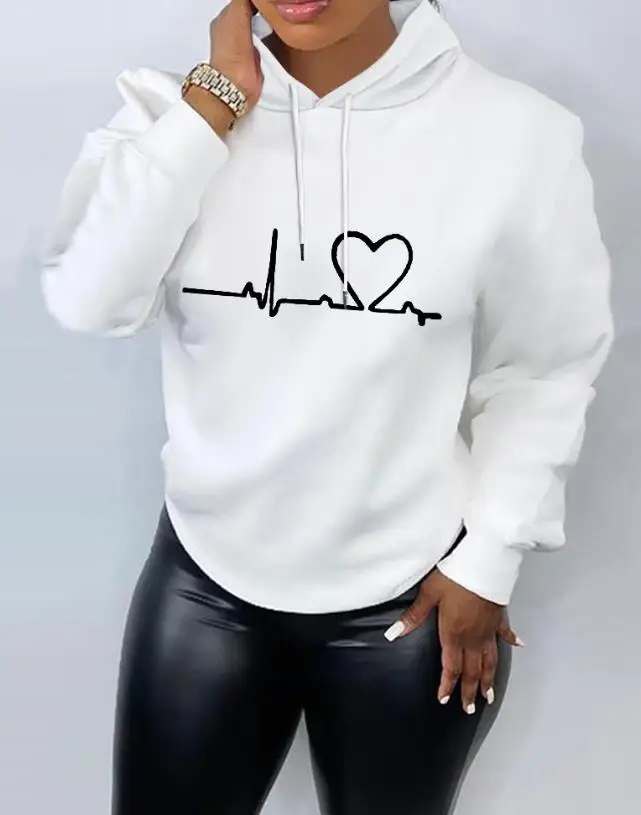 

Women's blouse Pullover 2023 Long Sleeve Heart Printing Drawstring Hooded Tops Daily Casual Autumn/Winter Pullovers Top