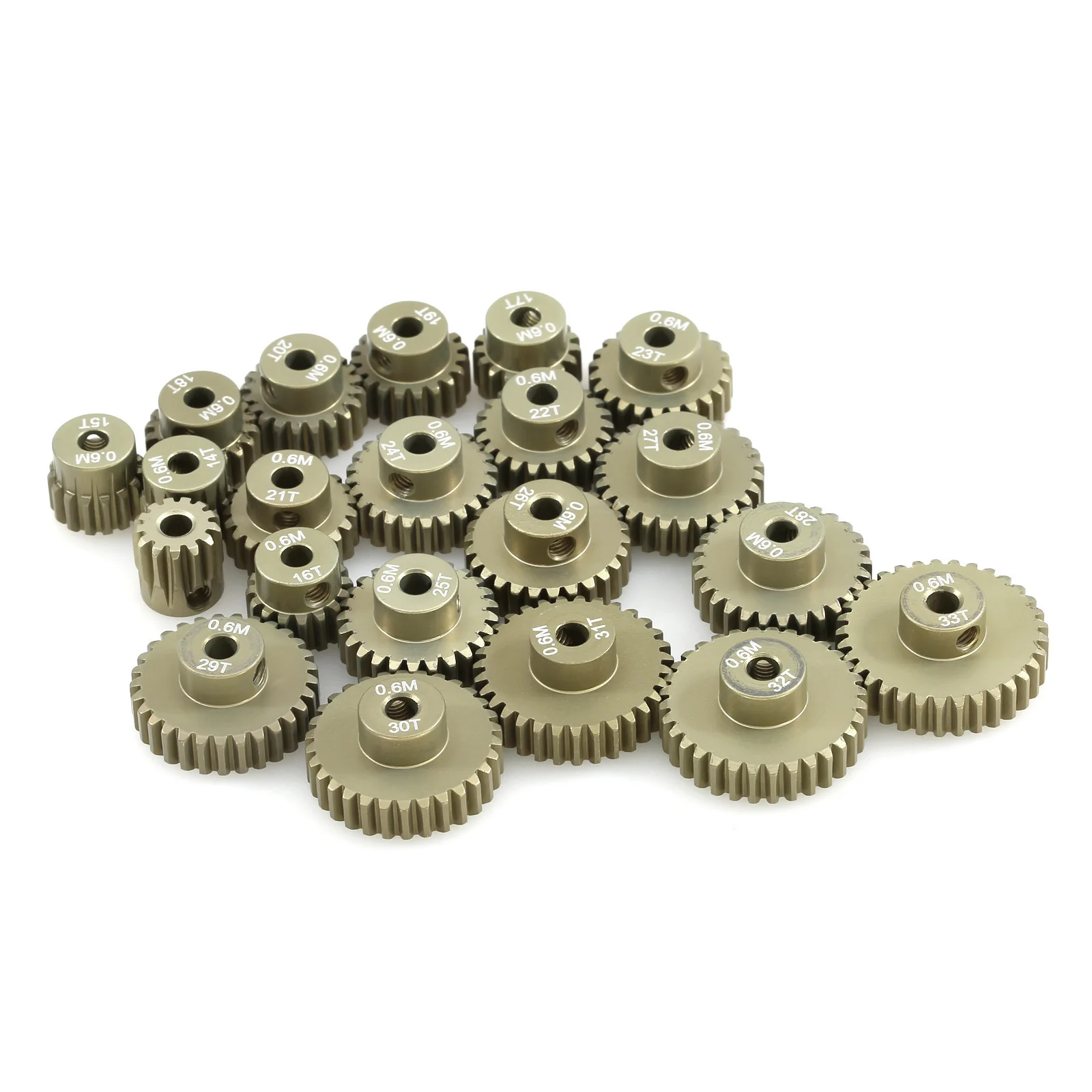 Pignon moteur RC 33 dents en plastique jaune et chocolat avec reflets lumineux.