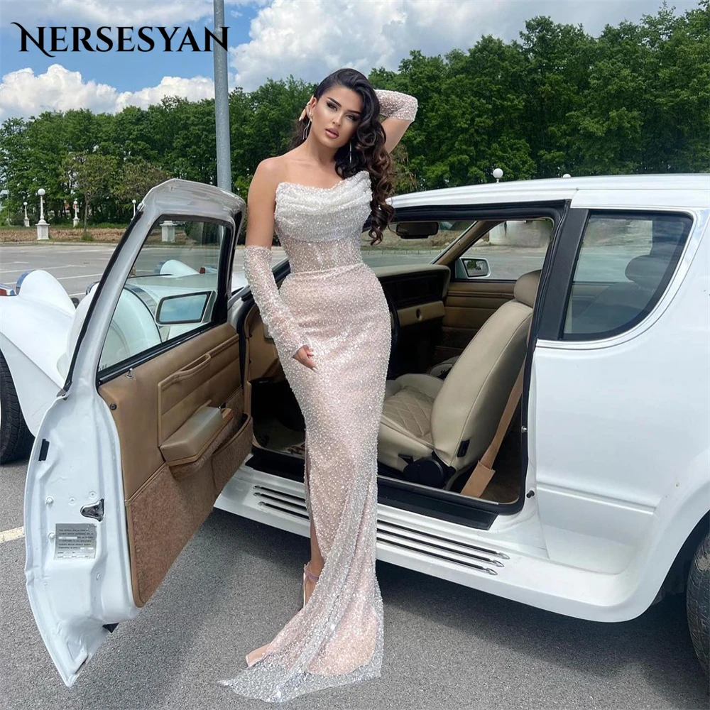 

Nersesyan Luxury Glitter Mermaid Evening Dresses Pleats Off Shoulder Detachable Sleeves Prom Dress Backless Sparkly Party Gowns