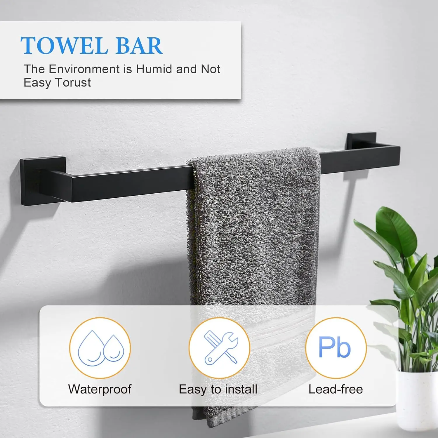 6-Piece Black Bathroom Hardware Set 23.6 Inch Towel Bar Set Double Towel Bar Ring Coat Hook and Toilet Paper