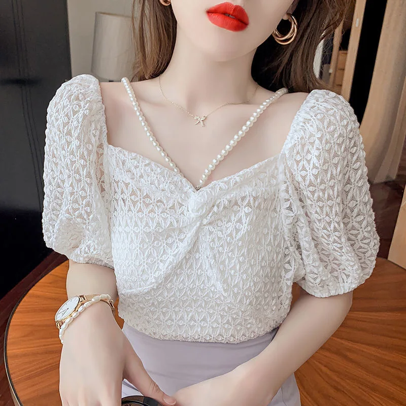 

Woman Summer Style Lace Blouses Tops Lady Casual Short Lantern Sleeve Slash Neck Blusas Tops ZZ1353