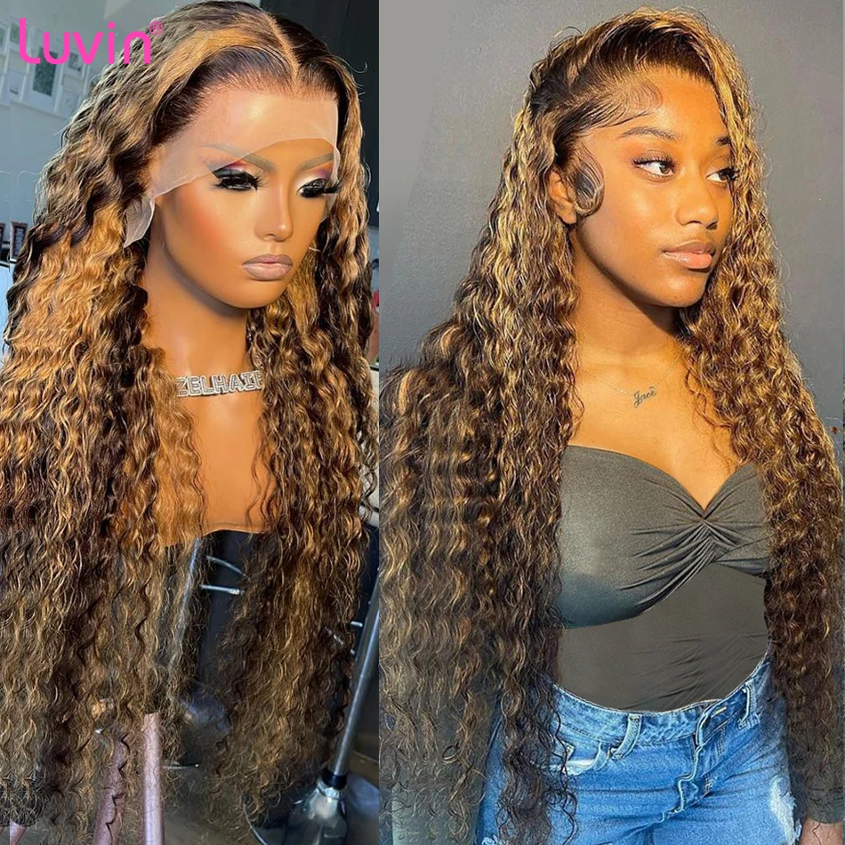 Luvin 30 32 Inch Highlight Ombre 13x4 Lace Frontal Wig Curly Human Hair