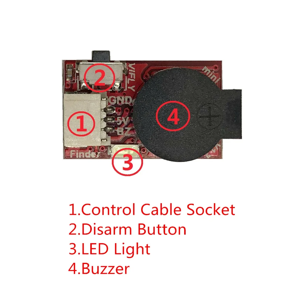VIFLY Finder Mini Buzzer Perte pour Drone FPV - Installation sur un bras de drone, démontrant sa légèreté et son faible encombrement.