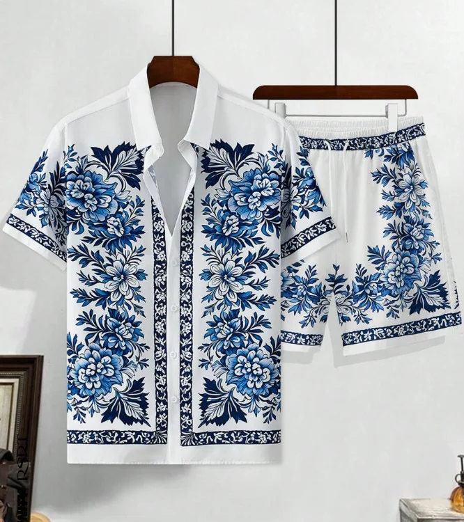 Hawaiian Shirt Set Men 3D Printed Blue And White Porcelain Pattern Summer Fashion Casual Daily Oversized Shirt+shorts 2piece Set 2