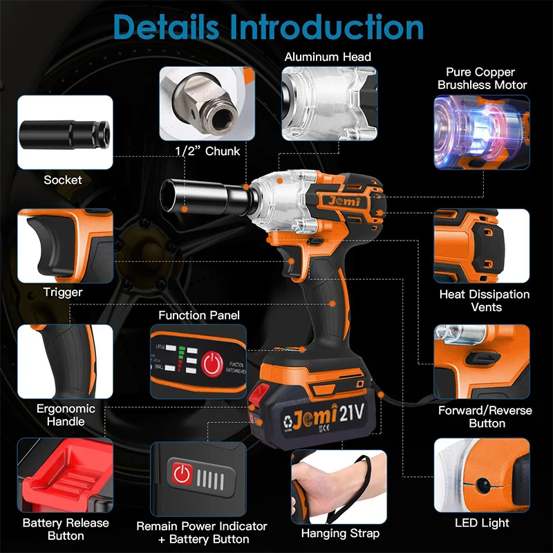 Jemi Tool 3-In-1 Cordless Electric Impact Wrench Drill Screwdriver with Brushless Motor Max 4000RPM Variable Speed 4