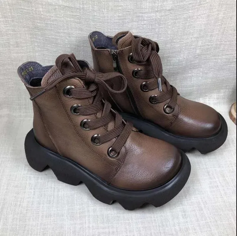 New Women Autumn Handmade Retro Ankle Boots Leather Lace-up Platform Snow Boots Women Winter Boots Warm Short Boots