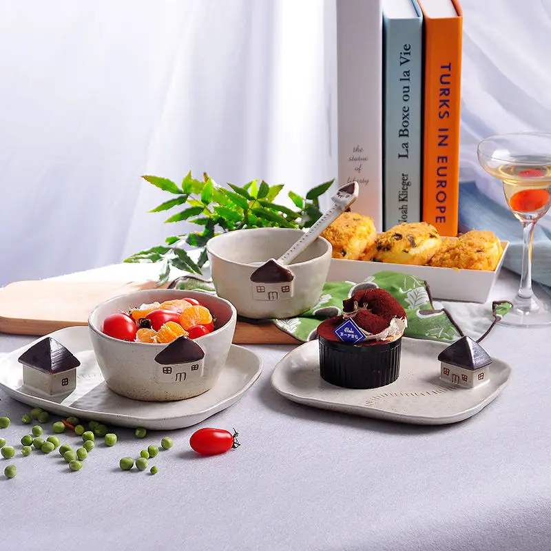 Jingdezhen original coarse pottery small house ceramic tableware household bowl dessert plate spoon Japanese creative housewarmi