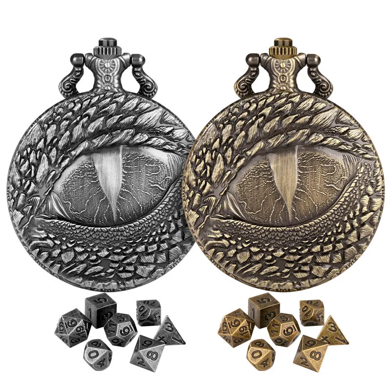 7 x Mini-Metall-Polyeder-Würfelset Rollenspiel-Zubehör Steampunk Drachenauge-Design Leeres Taschenuhrengehäuse mit Kettchen – Detail 2