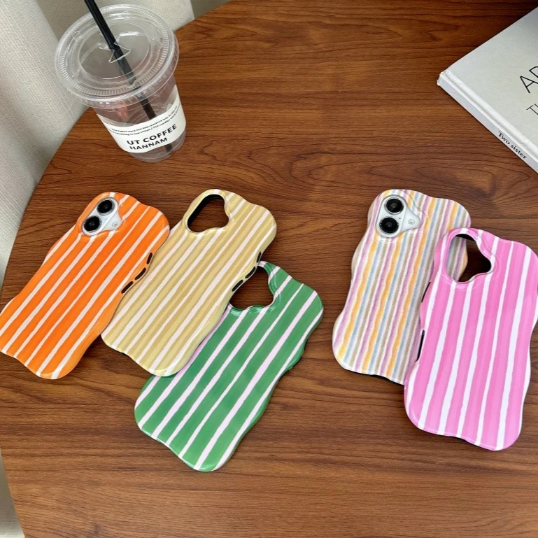 Fashionable Glossy Striped Phone Case with Wave Edge Design