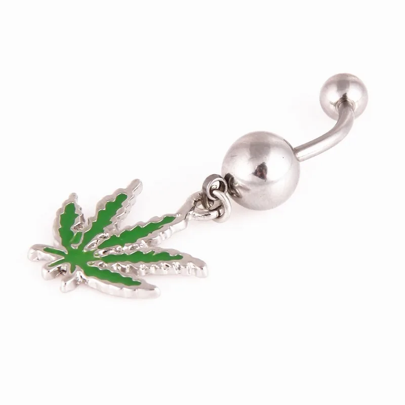 316L Stainless Steel Leaf Belly Button Ring for Women Green Maple Leaf Dangle Belly Rings Barbell Navel Body Piercing Jewelry