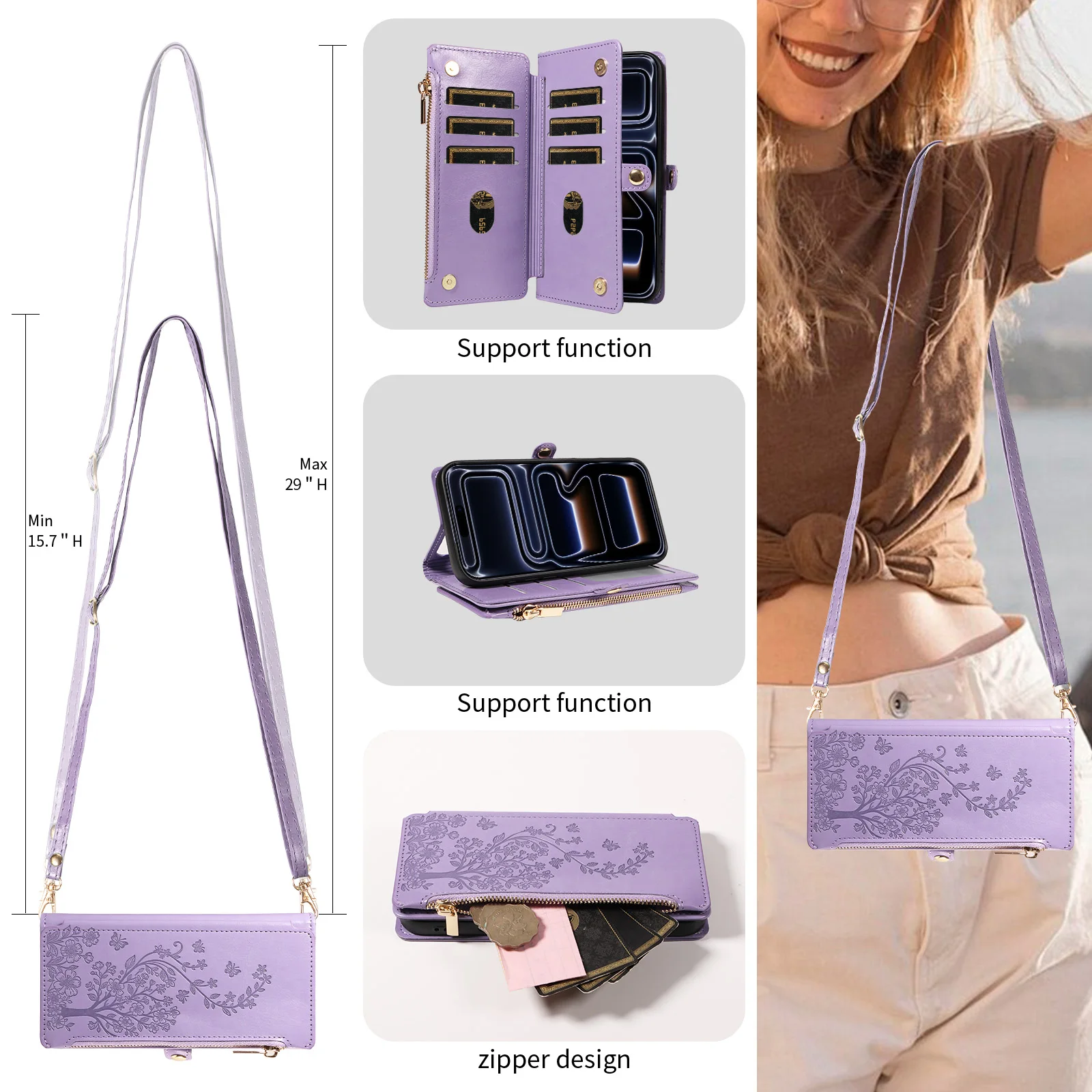 Embossed Flip Zipper Protective Cross-Shoulder Wallet Phone Case with Coin and Card Slots, Faux Leather Cover