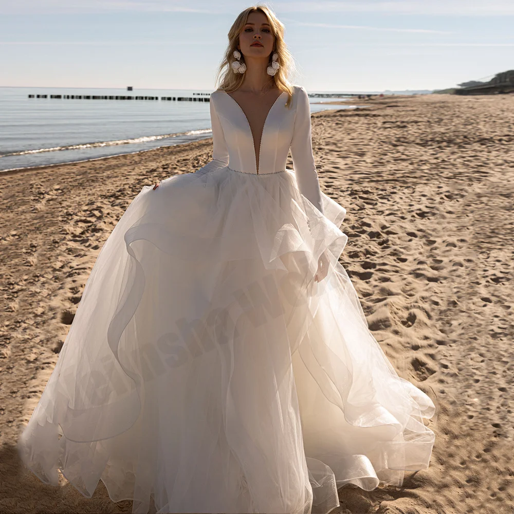 

Beach Wedding Dress Ruffles Tulle Beading Belt Long Sleeves V Neck Open Back Robe De Mariee A Line Custom Size Bridal Gown