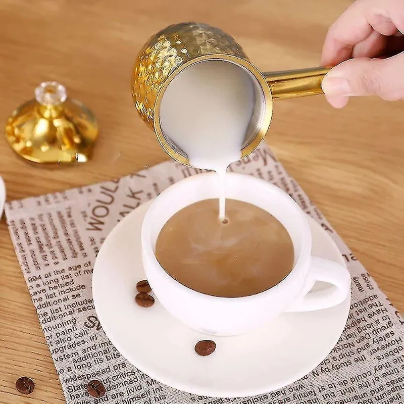 Gold Hammered Milk Pot Stainless Steel Turkish Coffee Pot with Lid Long Handle Saucepan Butter Melting Pot Kitchen Tools
