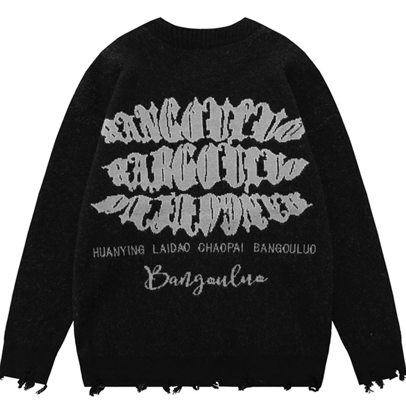 

Gothic Letters Print Ripped Sweater Men's Vintage Hip Hop Streetwear Fall Winter Casual Knitted Pullover Couple Harajuku Jumper