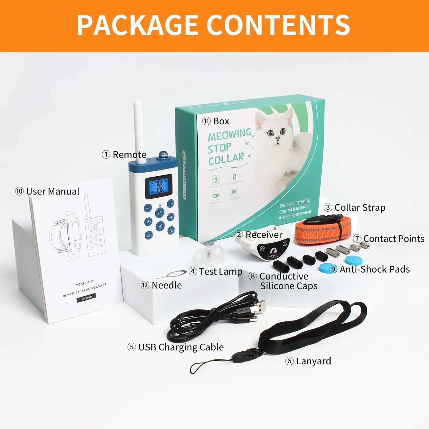 Cat Training Collar Cat Shock Collar with Remote 4 IN 1 Cat Training Collar with Auto Anti-Meow Beep Vibration Safety Shock 4 Modes for Cats
