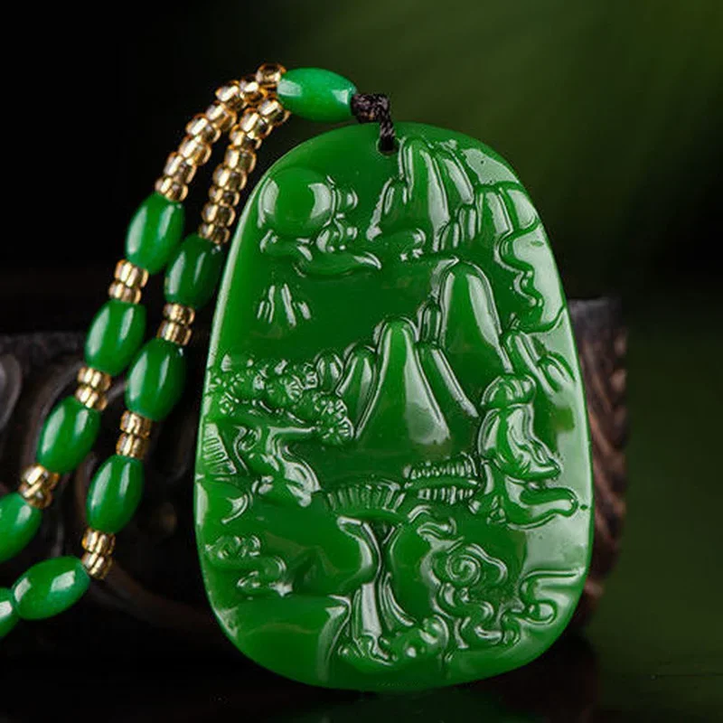 

Natural Chinese Jade Smoky Gray Hand-carved Landscape Pendant Fashion Jewelry Men and Women Blue and White Necklace PopularGifts