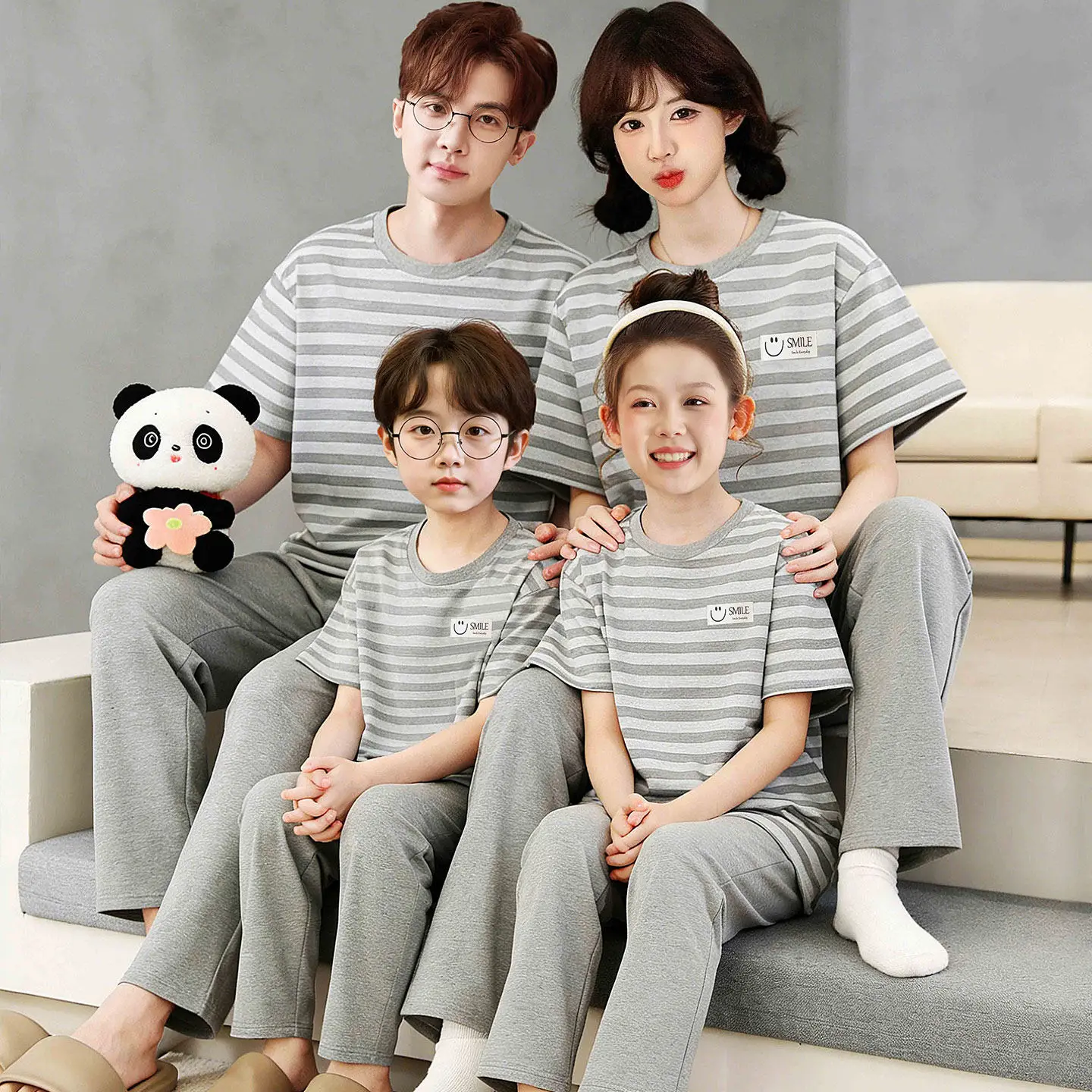 가족 매칭 잠옷 순면 플러스 사이즈 홈웨어 반팔 긴바지 봄 여름 4인 풀세트
