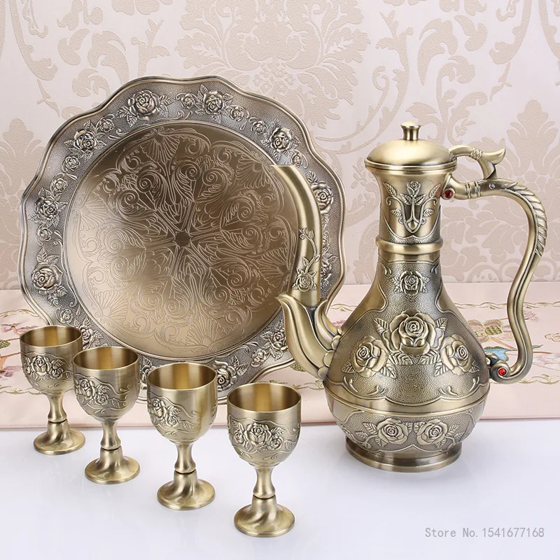 European Style Metal Wine Set, Home Meal Supplies Decoration Luxury Rose Zinc Alloy Liquor Flask Small Wine Cups, Tray, 6Pcs Set