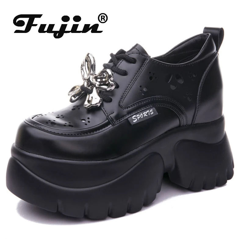 

Fujin 10cm Cow Genuine Leather Synthetic Hight Chunky Heel Hollow Pumps Women Casual Summer Fashion Heels Platform Sandals Shoes