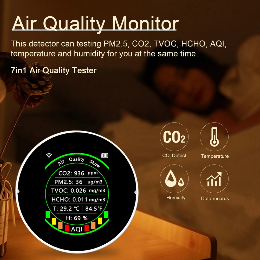 Bluetooth Air Quality Monitor Temp Humidity TVOC CO2 HCHO Indoor Air  Detector