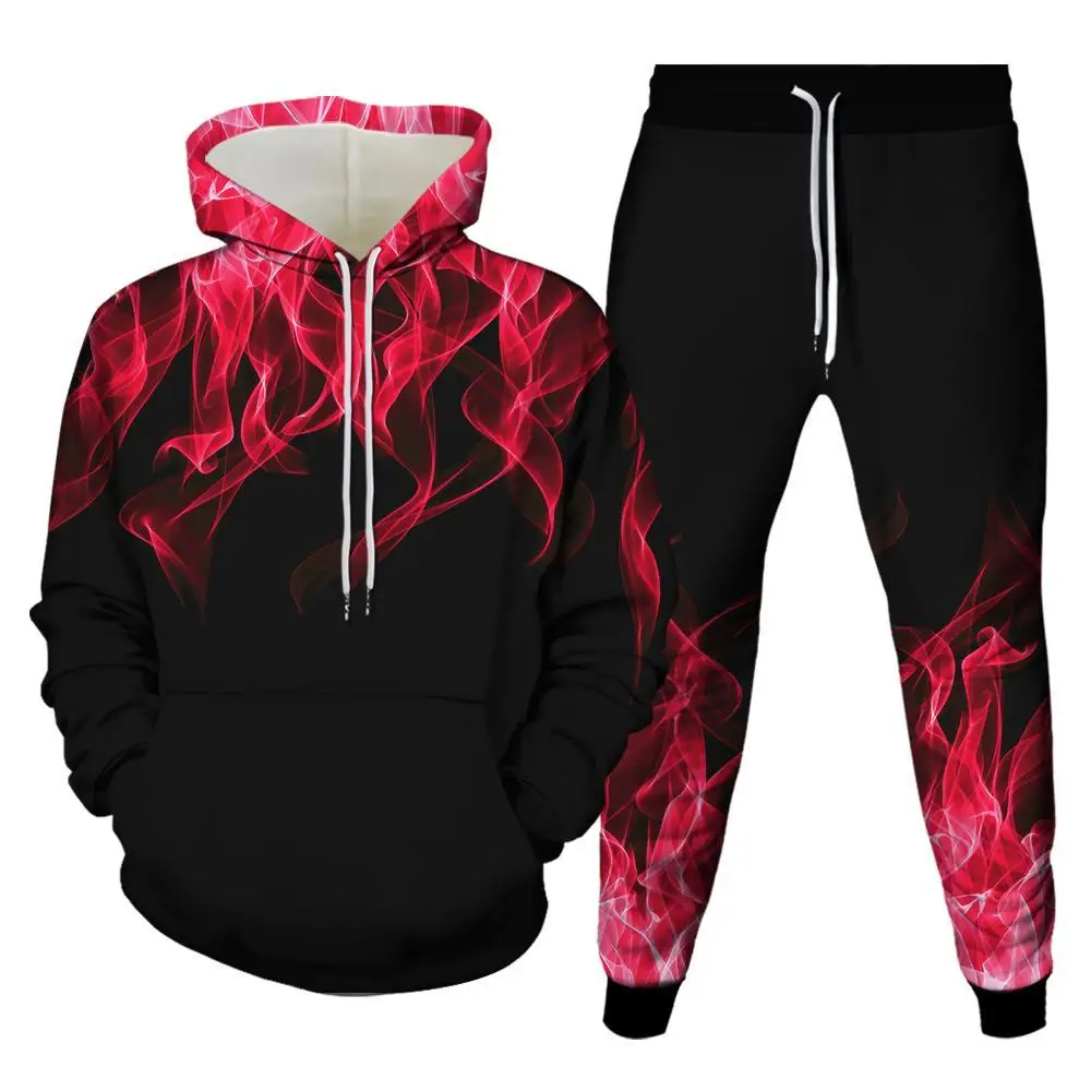 2023 Fashion 2 Piece Flame 3D Printing New Unisex Hoodie Jogging Pants Brand Men's Pullover Hooded Sweatshirt Couple Set