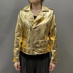 2024 Lady Real Leather Jackets Autumn Winter Silver Golden Color Genuine Sheepskin Coat Women Motorcycle Jacket FG5159