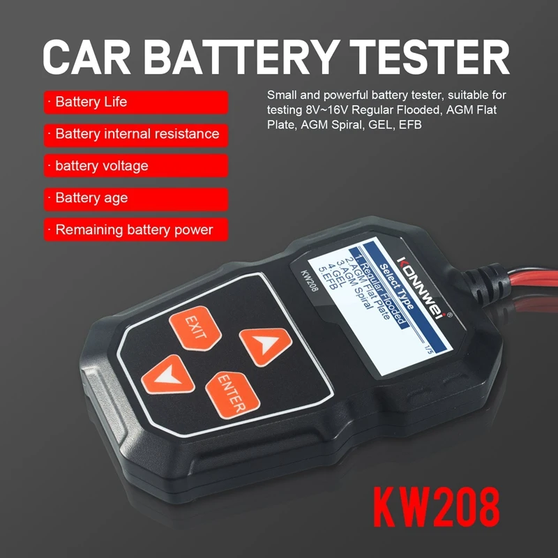 KONNWEI 자동차 디지털 배터리 용량 테스터 테스트 도구, KW208, 12V, 100-2000CCA