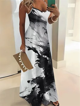 Abito al ginocchio con scollo a V casual stampato con pittura a lavaggio con inchiostro 3D, abito lungo da donna casual alla moda di strada all'aperto, ampio e casual 1