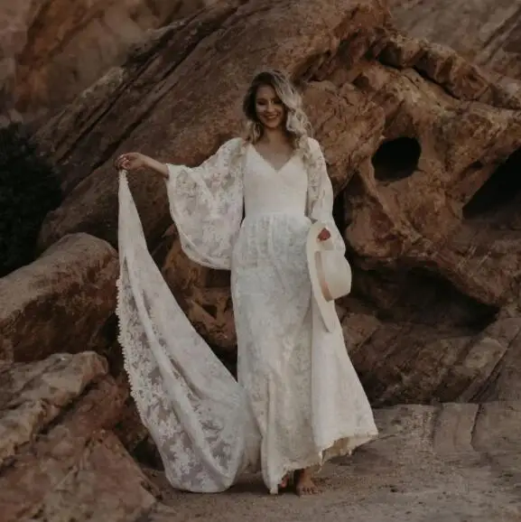 

Backless Boho Wedding Dresses A-line V-neck Long Sleeves Lace Bohemian Wedding Gown Bridal Dresses Vestidos De Novia
