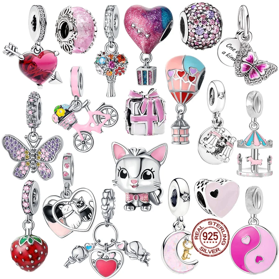 

New Pink Series Silver 925 Hot Air Balloon，Butterfly，Carousel Horse Dangle Charm Bead Fit Original Pandora Bracelet Jewelry Gift