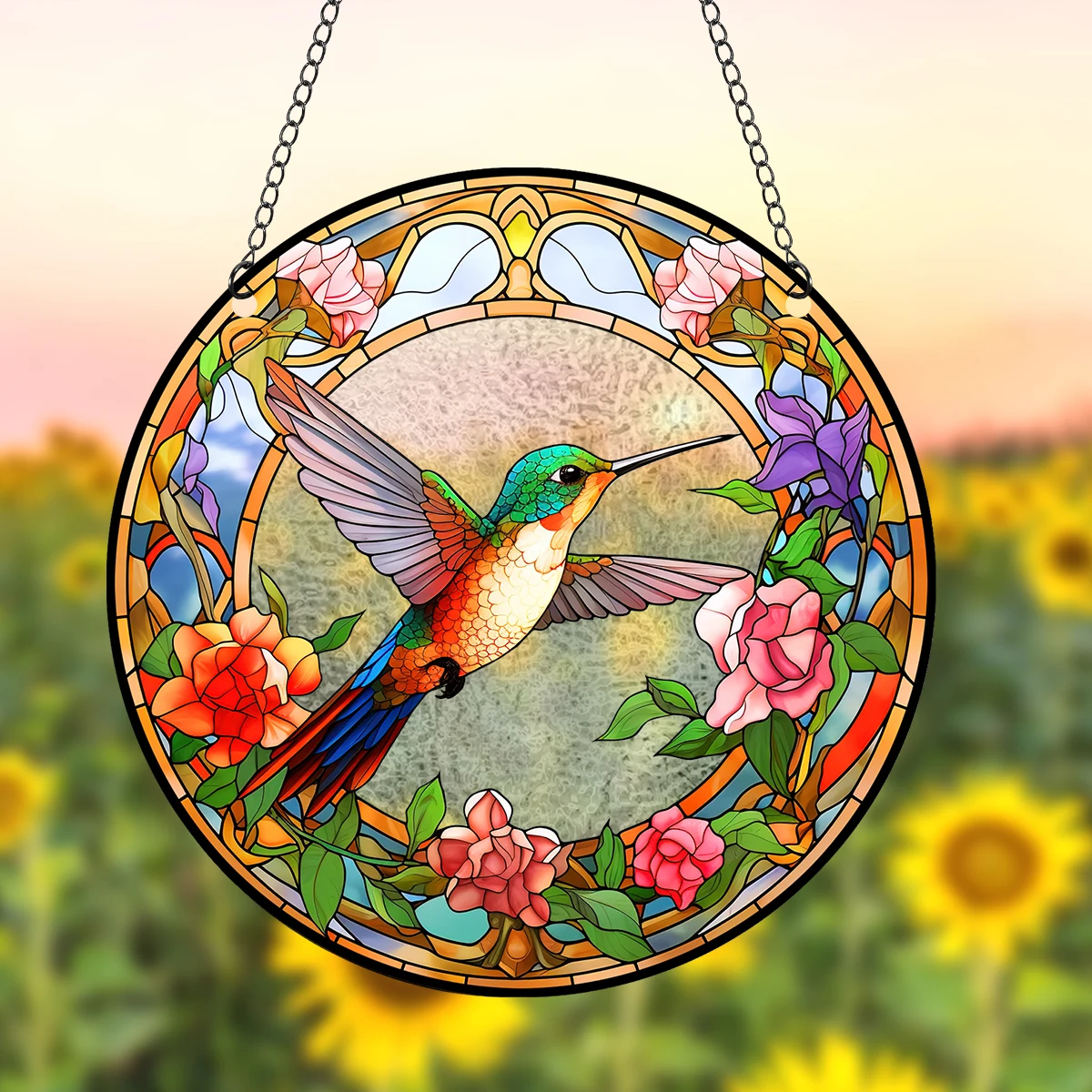 Acrylic Pattern Hummingbird Stained Window Hangings Colorful Flower Suncatchers for Windows, Birds Window Hangings with Chain 1