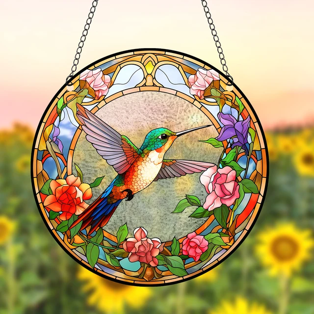 Acrylic Pattern Hummingbird Stained Window Hangings Colorful Flower Suncatchers for Windows, Birds Window Hangings with Chain 1