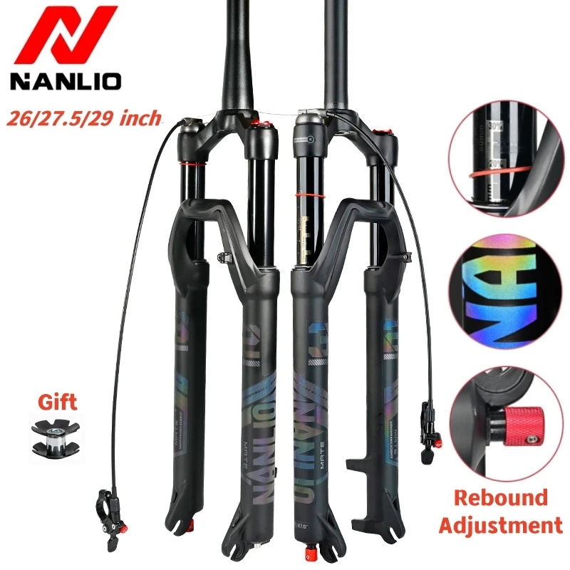 

NANLIO Bicycle Fork 26/27.5/29 Inch Mountain Bike Air Suspension Fork 120mm Travel Rebound Adjustment Quick Release 9*100mm