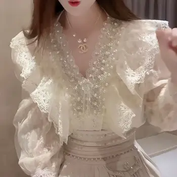중공업 비즈 러플 레이스 셔츠, 봄 및 여름, 버블 슬리브, V넥 탑, 신상 패션