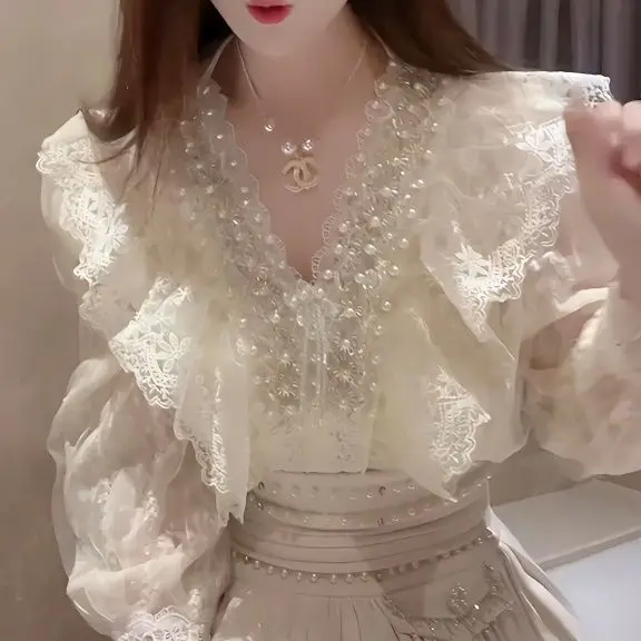 중공업 비즈 러플 레이스 셔츠, 봄 및 여름, 버블 슬리브, V넥 탑, 신상 패션