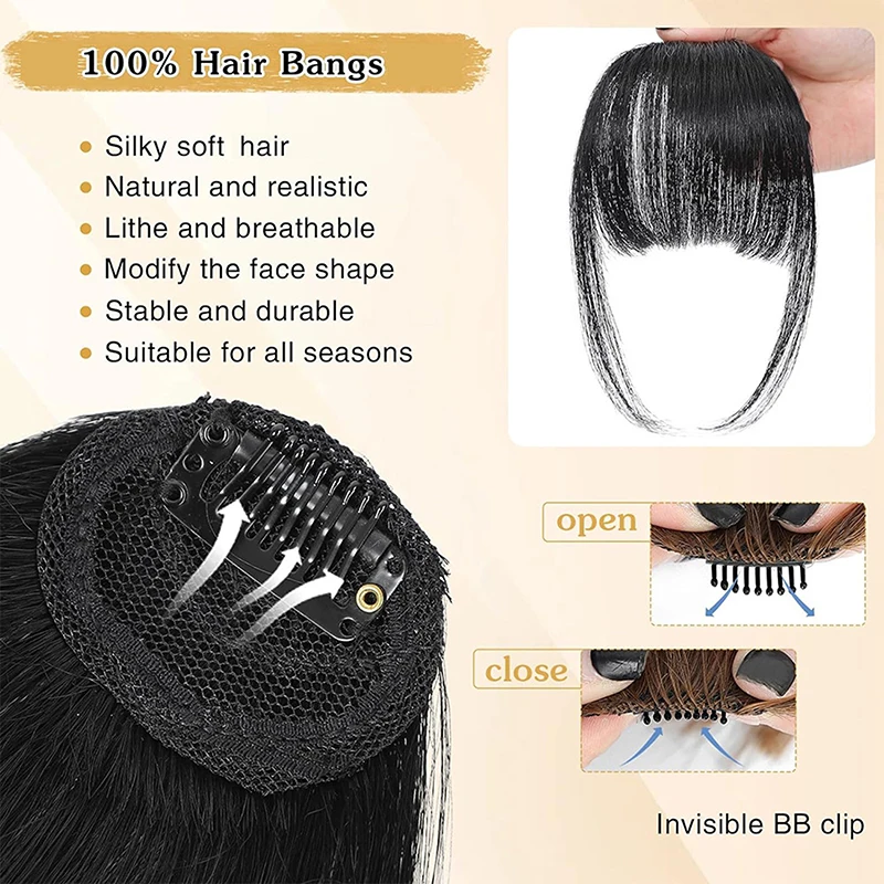 Frange Sintetiche Finte Effetto Naturale, Extension Capelli Frontali, Frangia Nera Marrone con Clip, Doppie Ciuffe Laterali per Acconciature - immagine 2