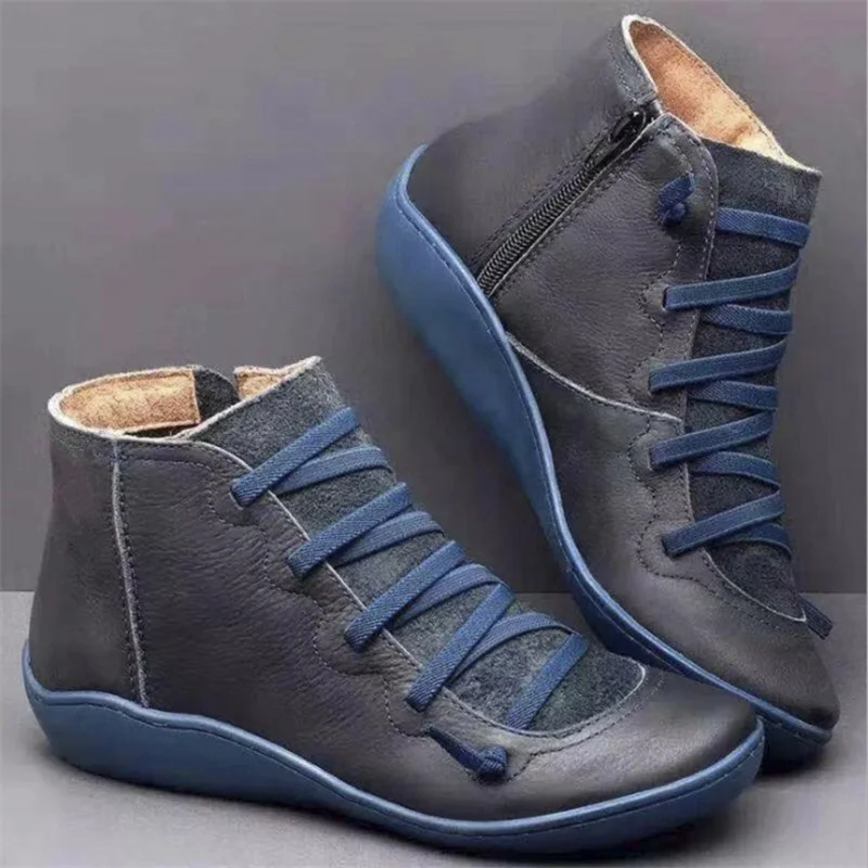 Women Winter Snow Boots PU Leather Ankle Boots Spring Flat Shoes Woman Short Brown Botas With Fur for Women Lace Up Botas Mujer