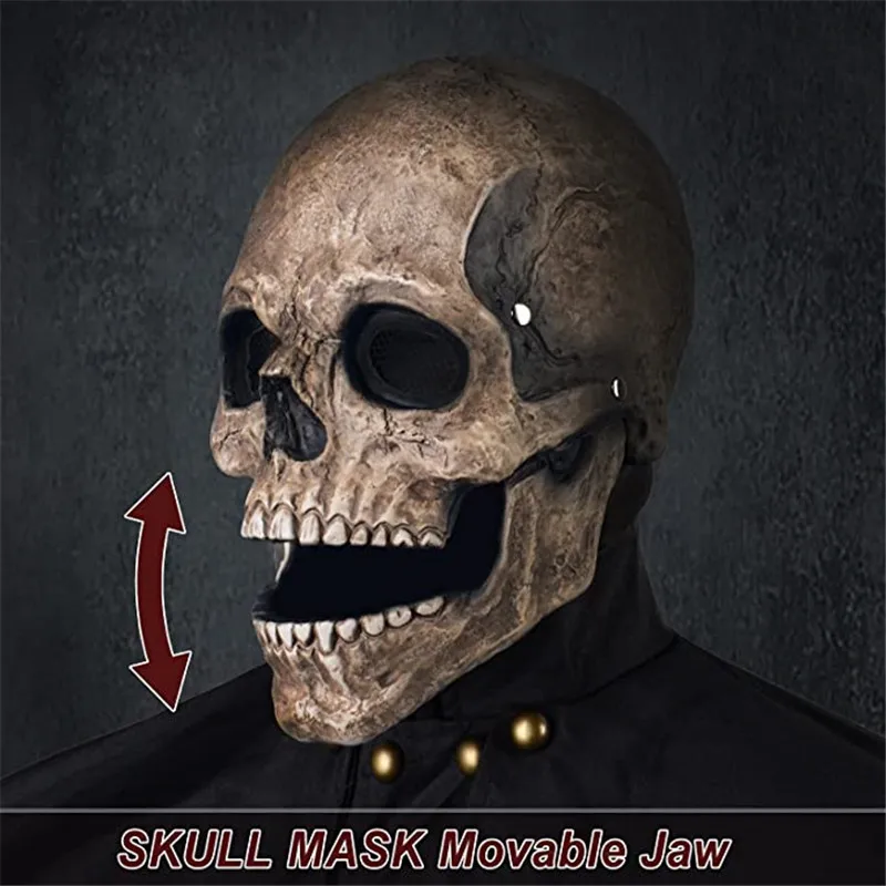Full Head Skull Mask Carnival Adulti Realistc Anatory Halloween Movable Mouth Jaw Anime Horror Helmet Scheletro Copricapo Maschere