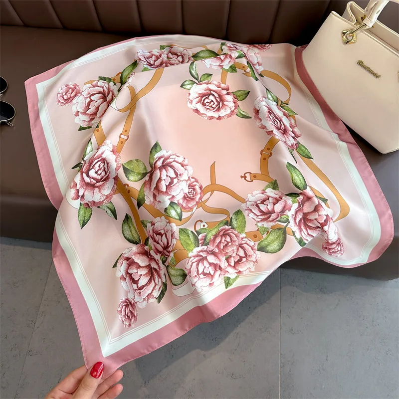 Women Printing Elegance 70X70cm Silk Scarf Spring Summer New Lady Hijab Hairband Soft Headband Ribbon Kerchief Mom Foulard Gift 2