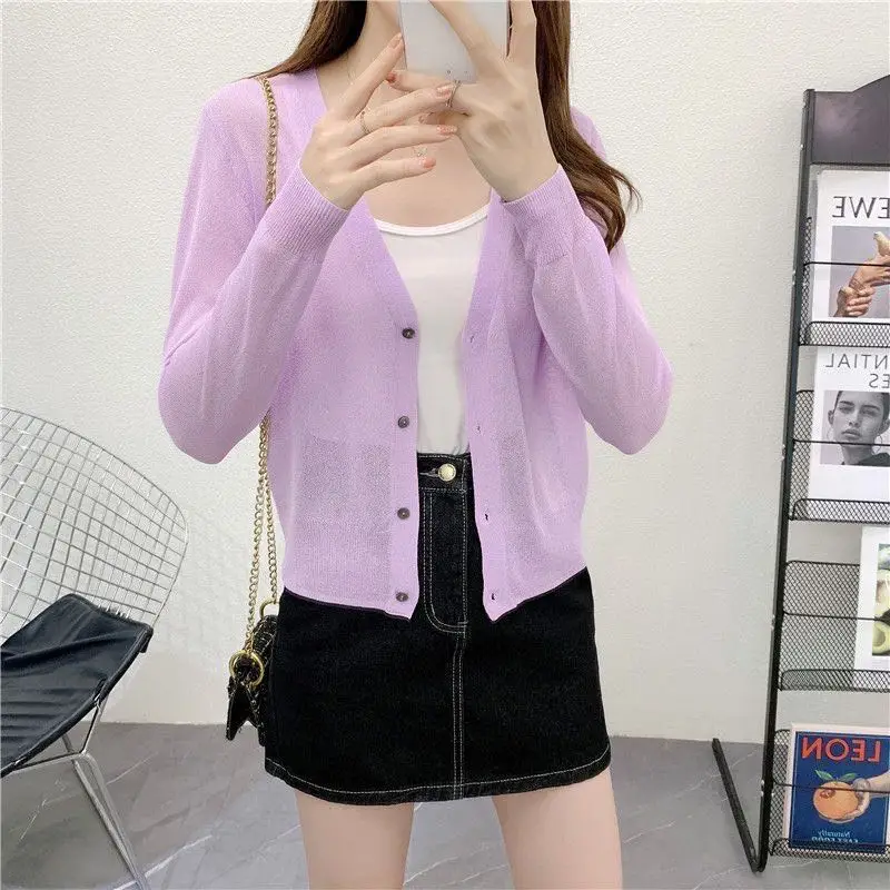 Spring/Summer Ice Linen Knitted Split Sleeve Cardigan Women's Versatile Office Air Conditioning Shirt Fashion Sunscreen Top