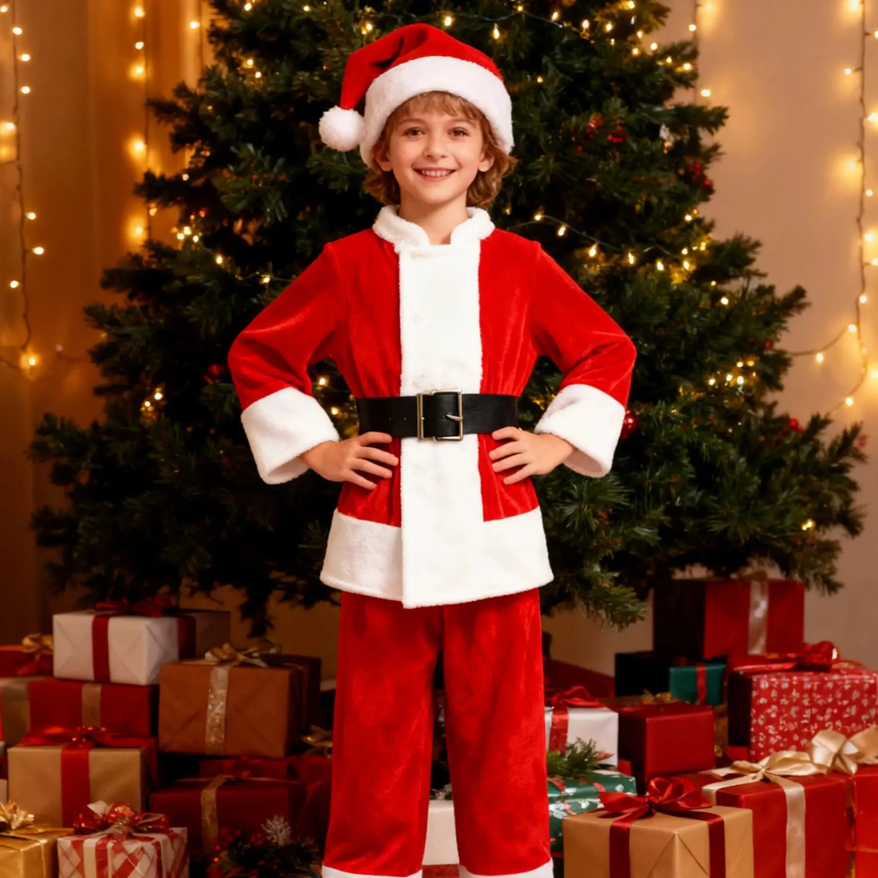Weihnachten Weihnachtsmann Jungen Cosplay Kostüm Jungen Langarm Kleidung Hosen und Hut Sets Weihnachtsfeier Outfits Neujahr Kleidung