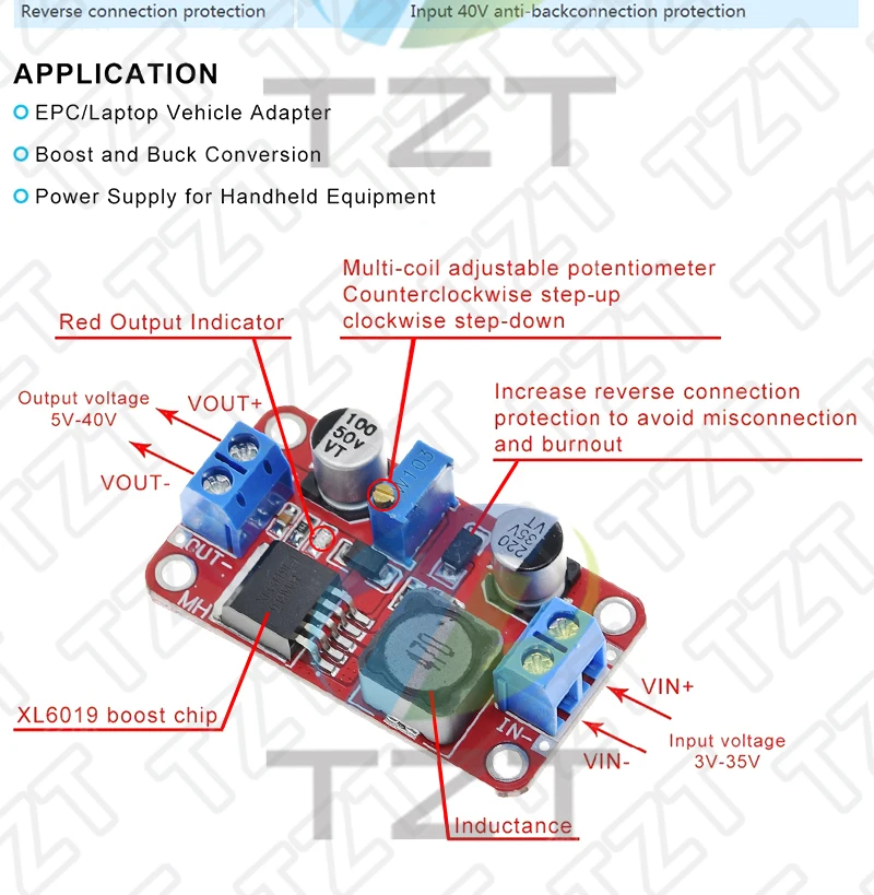 DC-DC-Stromversorgungsmodul, Boost-Modul, Aufwärtsspannungswandler, Spannungsregler XL6019, einstellbarer Ausgang – Detail 2
